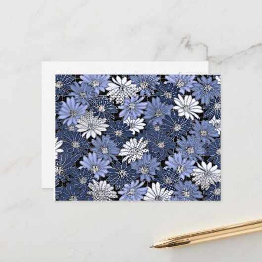 Carte Postale Blue and white daisy pattern (Devant/Arrière en situation)