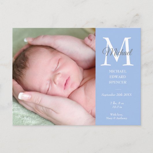 Carte Postale Blue Baby Boy Initial Monogramme Photo Merci (Devant)