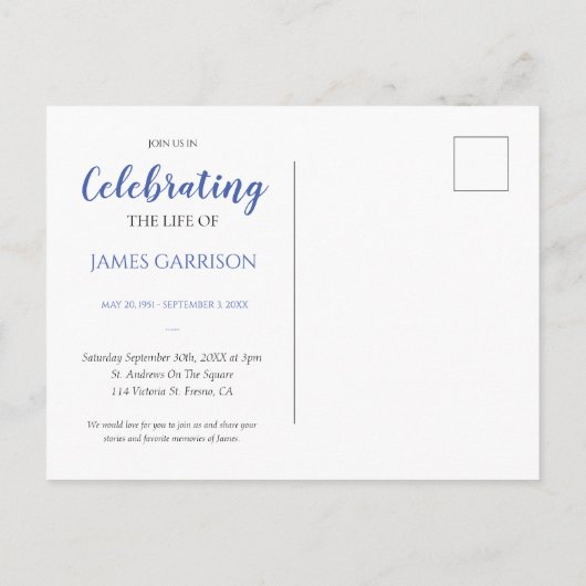 Carte Postale Blue Celebration of Life With Photo Funeral Invita (Dos)