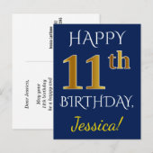 Carte Postale Blue, Faux Gold 11e anniversaire + Nom personnalis (Devant / Derrière)
