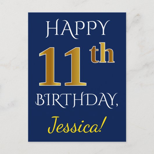 Carte Postale Blue, Faux Gold 11e anniversaire + Nom personnalis (Devant)