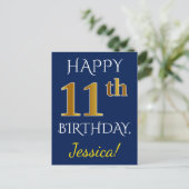 Carte Postale Blue, Faux Gold 11e anniversaire + Nom personnalis (Debout devant)