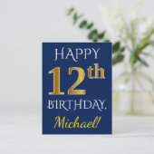 Carte Postale Blue, Faux Gold 12e anniversaire + Nom personnalis (Debout devant)