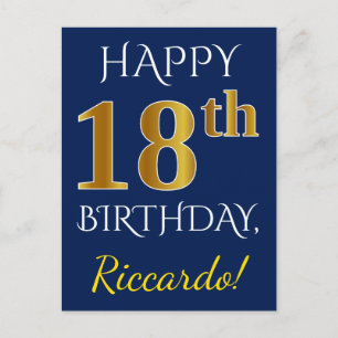 Carte Postale Blue, Faux Gold 18e anniversaire + Nom personnalis