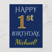 Carte Postale Blue, Faux Gold 1er anniversaire + Nom personnalis (Devant)