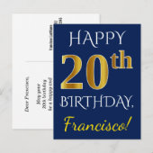 Carte Postale Blue, Faux Gold 20e anniversaire + Nom personnalis (Devant / Derrière)