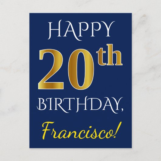 Carte Postale Blue, Faux Gold 20e anniversaire + Nom personnalis (Devant)