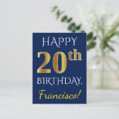Carte Postale Blue, Faux Gold 20e anniversaire + Nom personnalis (Debout devant)