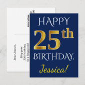 Carte Postale Blue, Faux Gold 25e anniversaire + Nom personnalis (Devant / Derrière)