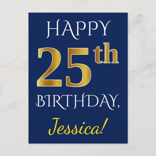 Carte Postale Blue, Faux Gold 25e anniversaire + Nom personnalis (Devant)
