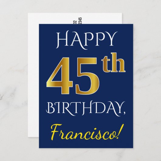 Carte Postale Blue, Faux Gold 45e anniversaire + Nom personnalis (Devant / Derrière)