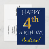 Carte Postale Blue, Faux Gold 4e anniversaire + Nom personnalisé (Devant / Derrière)