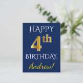 Carte Postale Blue, Faux Gold 4e anniversaire + Nom personnalisé (Debout devant)