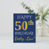 Carte Postale Blue, Faux Gold 50e anniversaire + Nom personnalis (Debout devant)