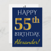 Carte Postale Blue, Faux Gold 55e anniversaire + Nom personnalis (Devant / Derrière)