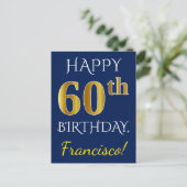 Carte Postale Blue, Faux Gold 60e anniversaire + Nom personnalis (Debout devant)