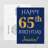 Carte Postale Blue, Faux Gold 65e anniversaire + Nom personnalis (Devant / Derrière)