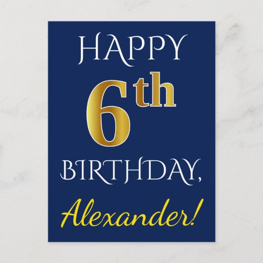 Carte Postale Blue, Faux Gold 6e anniversaire + Nom personnalisé (Devant)