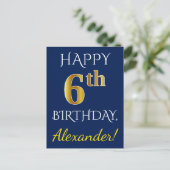 Carte Postale Blue, Faux Gold 6e anniversaire + Nom personnalisé (Debout devant)