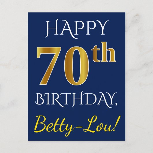 Carte Postale Blue, Faux Gold 70e anniversaire + Nom personnalis (Devant)