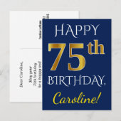 Carte Postale Blue, Faux Gold 75e anniversaire + Nom personnalis (Devant / Derrière)