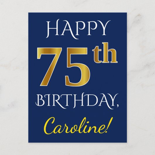 Carte Postale Blue, Faux Gold 75e anniversaire + Nom personnalis (Devant)