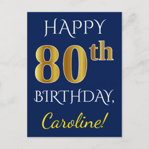 Carte Postale Blue, Faux Gold 80e anniversaire + Nom personnalis