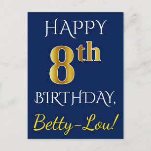 Carte Postale Blue, Faux Gold 8e anniversaire + Nom personnalisé