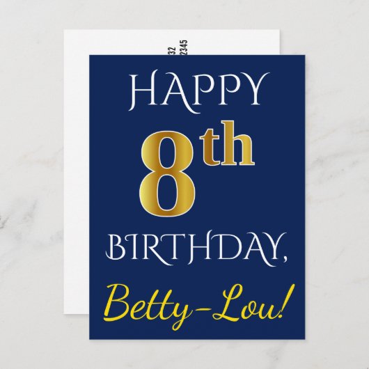 Carte Postale Blue, Faux Gold 8e anniversaire + Nom personnalisé (Devant / Derrière)