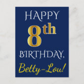 Carte Postale Blue, Faux Gold 8e anniversaire + Nom personnalisé (Devant)