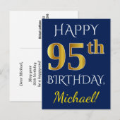 Carte Postale Blue, Faux Gold 95e anniversaire + Nom personnalis (Devant / Derrière)