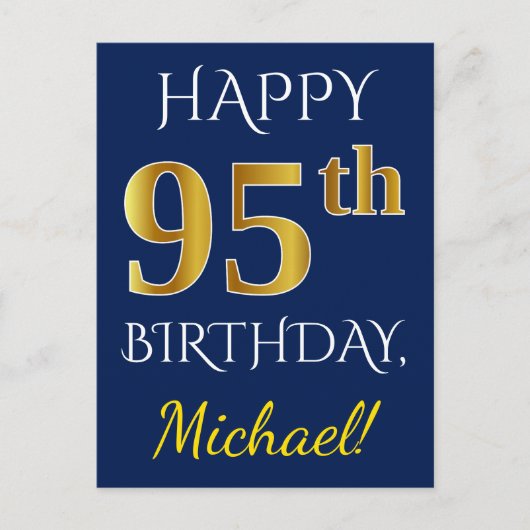 Carte Postale Blue, Faux Gold 95e anniversaire + Nom personnalis (Devant)