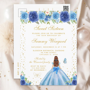 Carte Postale Blue Floral Brown cheveux Princess Sweet sixteen