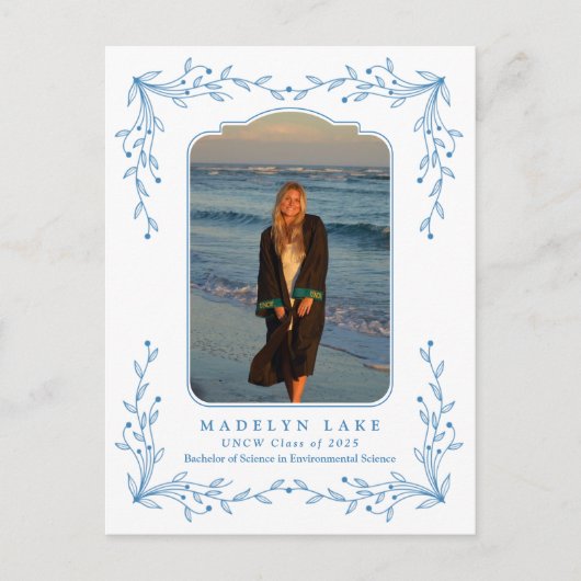 Carte Postale Blue Floral Frame Coastal Graduation Postcard (Devant)