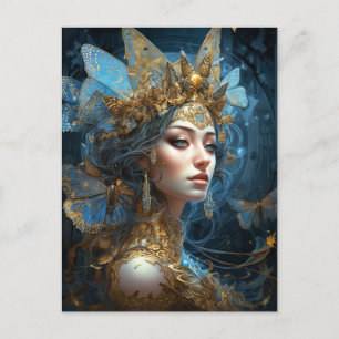 Carte Postale Blue Gold Fairy Queen Imaginaire Art