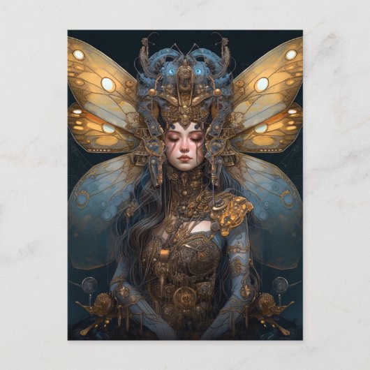 Carte Postale Blue Gold Robot Techno Fairy Imaginaire Art (Devant)