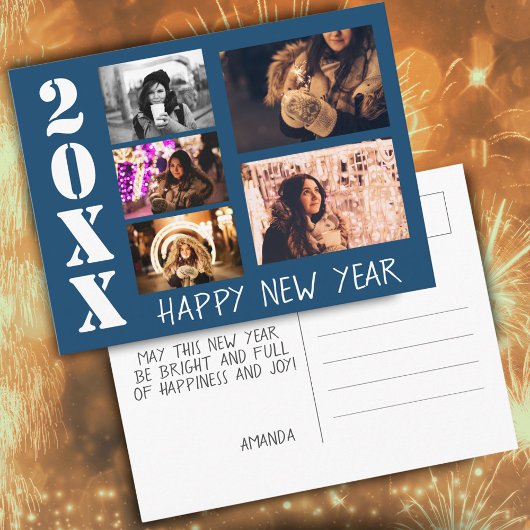 Carte Postale Blue Happy New Year 2026 5 Photo Collage