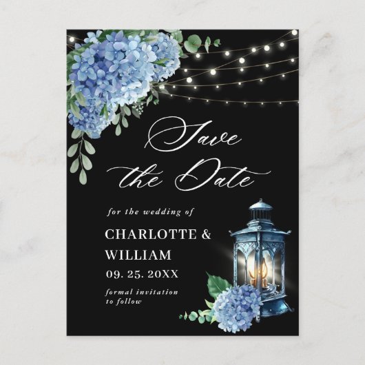 Carte Postale Blue Hydrangea Lantern Noir Mariage Enregistrer la (Devant)