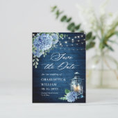 Carte Postale Blue Hydrangea Lantern Wedding Enregistrer la date (Debout devant)