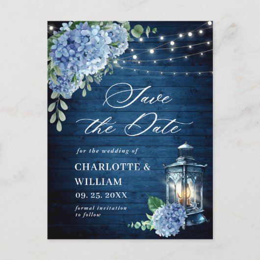 Carte Postale Blue Hydrangea Lantern Wedding Enregistrer la date (Devant)