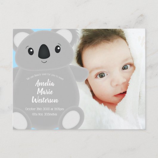 Carte Postale Blue Koala Bear Baby shower (Devant)