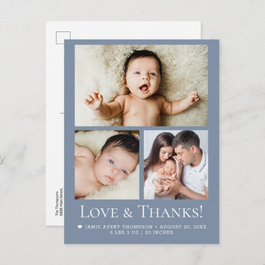 Carte Postale Blue Love and Thanks Baby Photo Birth announcement (Devant / Derrière)