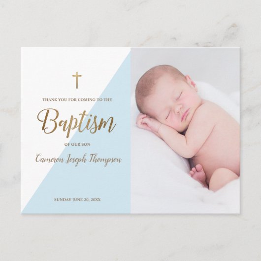 Carte Postale Blue Modern Baby Boy Photo Baptême Merci (Devant)