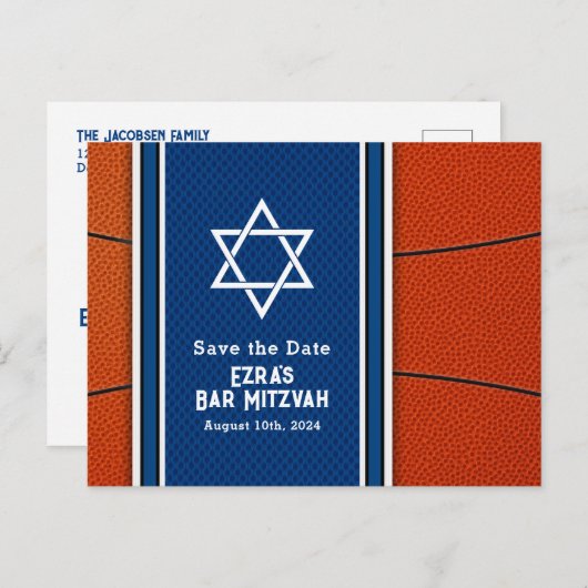 Carte Postale Blue Orange Basketball Bar Mitzvah Enregistrer la (Devant / Derrière)