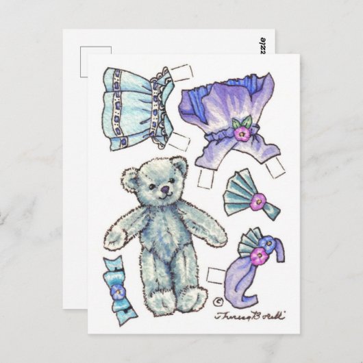 Carte Postale Blue Petunia Teddy Bear Papier Poupée mignonne car (Devant / Derrière)