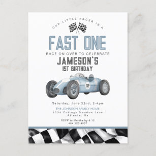 Carte Postale Blue Race Car Fast One 1st Birthday Party Invitati