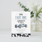 Carte Postale Blue Race Car Fast One 1st Birthday Party Invitati (Debout devant)