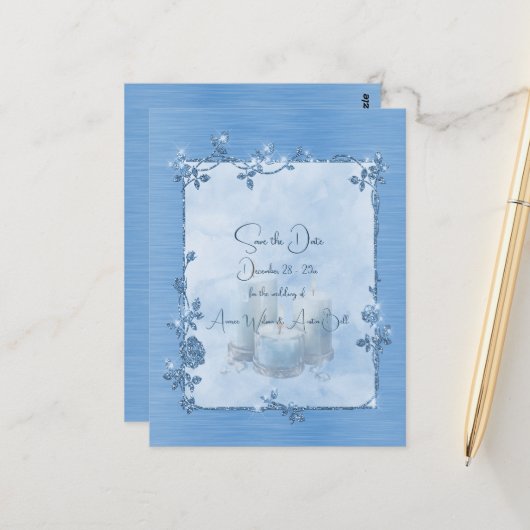 Carte Postale Blue Shiny Elegant Sparkly Save the Date (Devant/Arrière en situation)