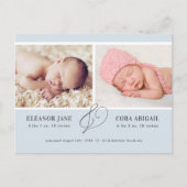 Carte Postale Blue Simple Twin Boys Photo Faire-part de naissanc (Devant)