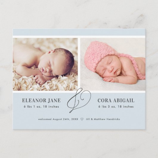 Carte Postale Blue Simple Twin Boys Photo Faire-part de naissanc (Devant)